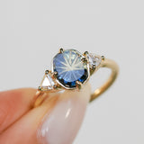 1.20ct Untreated Oval Parti Australian Fantasy Cut Sapphire and Natural Trillion Diamond Antique Milgrain Three Stone Low Profile Ring in 14k Yellow Gold