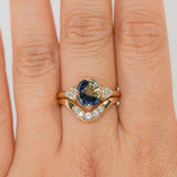 1.20ct Untreated Oval Parti Australian Fantasy Cut Sapphire and Natural Trillion Diamond Antique Milgrain Three Stone Low Profile Ring in 14k Yellow Gold