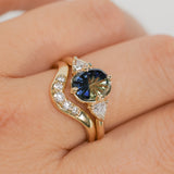1.20ct Untreated Oval Parti Australian Fantasy Cut Sapphire and Natural Trillion Diamond Antique Milgrain Three Stone Low Profile Ring in 14k Yellow Gold
