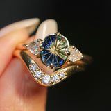 1.20ct Untreated Oval Parti Australian Fantasy Cut Sapphire and Natural Trillion Diamond Antique Milgrain Three Stone Low Profile Ring in 14k Yellow Gold