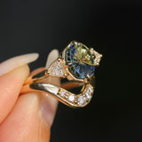 1.20ct Untreated Oval Parti Australian Fantasy Cut Sapphire and Natural Trillion Diamond Antique Milgrain Three Stone Low Profile Ring in 14k Yellow Gold