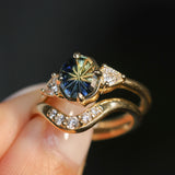 1.20ct Untreated Oval Parti Australian Fantasy Cut Sapphire and Natural Trillion Diamond Antique Milgrain Three Stone Low Profile Ring in 14k Yellow Gold