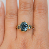 3.93ct Untreated Oval Teal Montana Sapphire and Trillion Australian Sapphire Three Stone Scallop Cup Antique Style with Milgrain Low Profile Ring in 18k Yellow Gold
