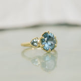 3.93ct Untreated Oval Teal Montana Sapphire and Trillion Australian Sapphire Three Stone Scallop Cup Antique Style with Milgrain Low Profile Ring in 18k Yellow Gold