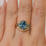 3.93ct Untreated Oval Teal Montana Sapphire and Trillion Australian Sapphire Three Stone Scallop Cup Antique Style with Milgrain Low Profile Ring in 18k Yellow Gold