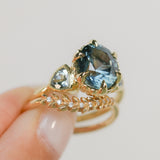 3.93ct Untreated Oval Teal Montana Sapphire and Trillion Australian Sapphire Three Stone Scallop Cup Antique Style with Milgrain Low Profile Ring in 18k Yellow Gold