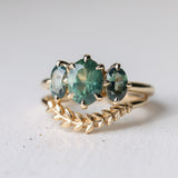 1.53ct Untreated Australian Oval Sapphire and Parti Oval Three Stone Low Profile Six Prong Ring in 14k Yellow Gold