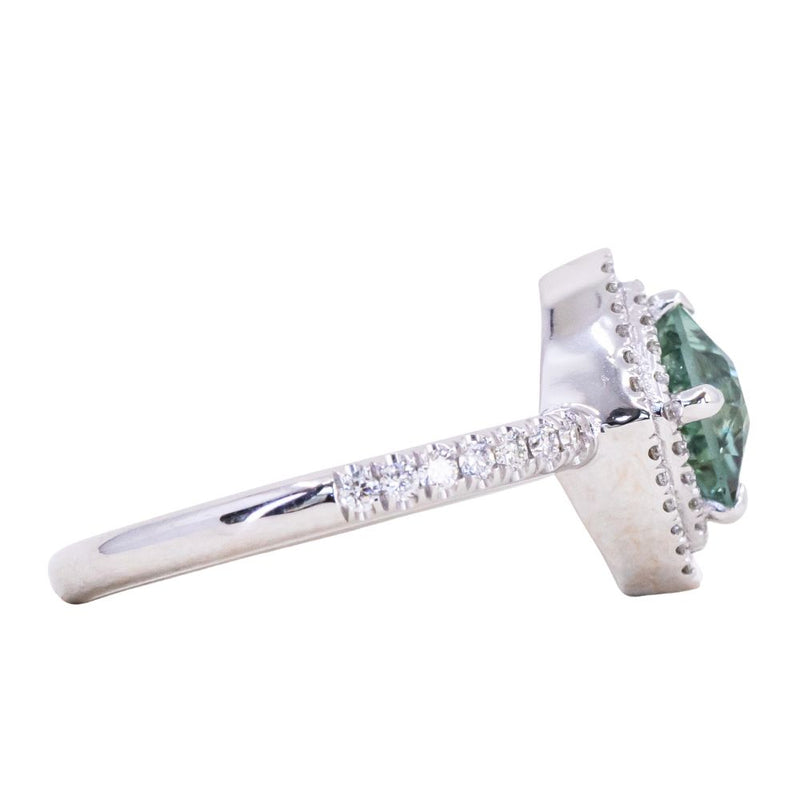 1.23ct Geo Montana Sapphire Double Diamond Halo Ring in 14K White Gold