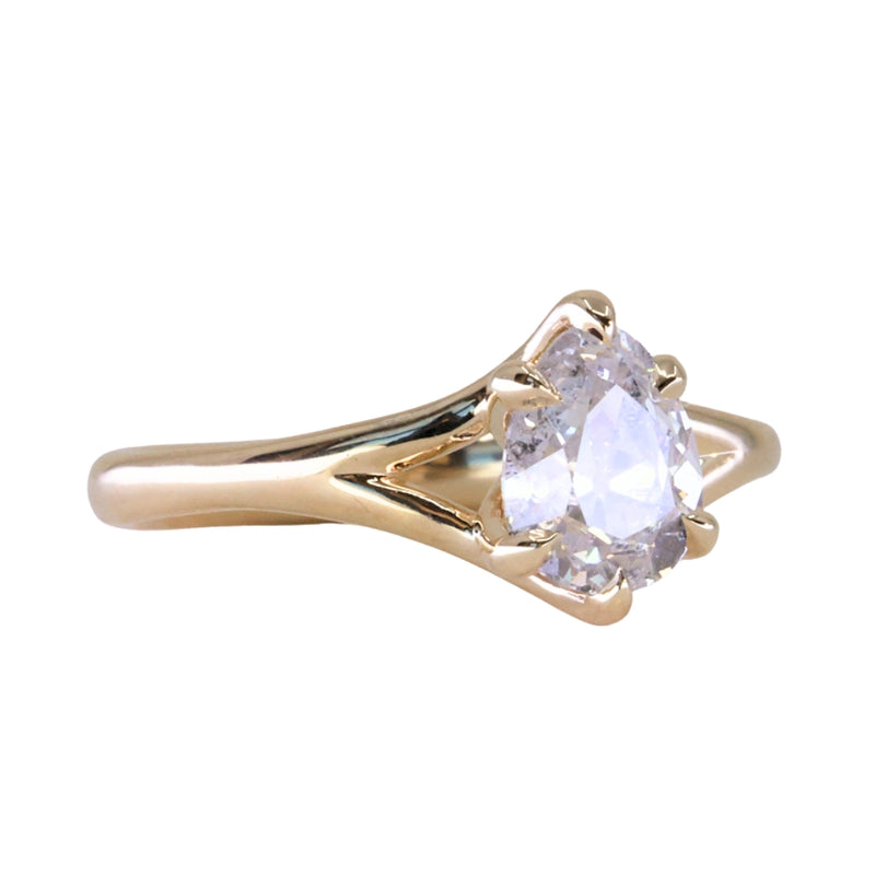 1.18ct Natural Canadian Pear Modern "Antique Cut" Diamond Low Profile Six Prong Split Shank Solitaire in 14k Yellow Gold