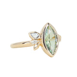 1.82ct Green Untreated Montana Marquise Sapphire in Wandering Vine Low Profile Bezel Setting with Pear Diamond in 14k Yellow Gold