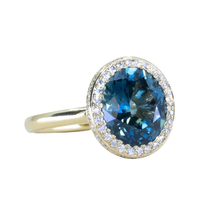 4.56ct Oval Blue Montana Sapphire "Corona" Style Halo Stackable Ring in 18k Yellow Gold