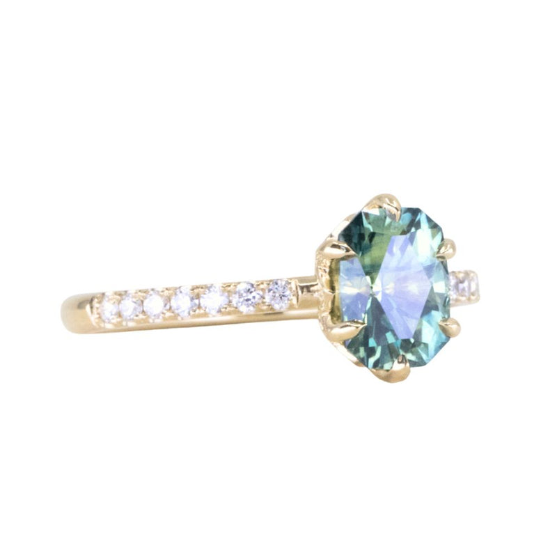 1.30ct Precision Cut Teal Green Radiant Montana Sapphire Lotus Six Prong Solitaire with Diamonds in 18k Yellow Gold