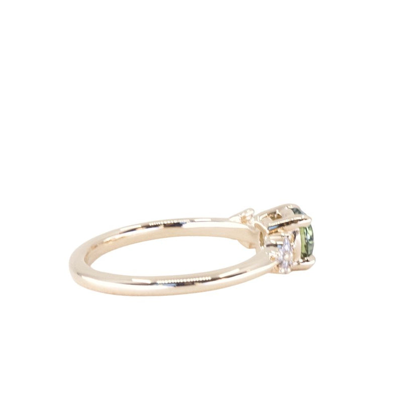 0.74ct Round Australian Green Parti Sapphire and Diamond Starry Night Low Profile Solitaire in 14k Yellow Gold