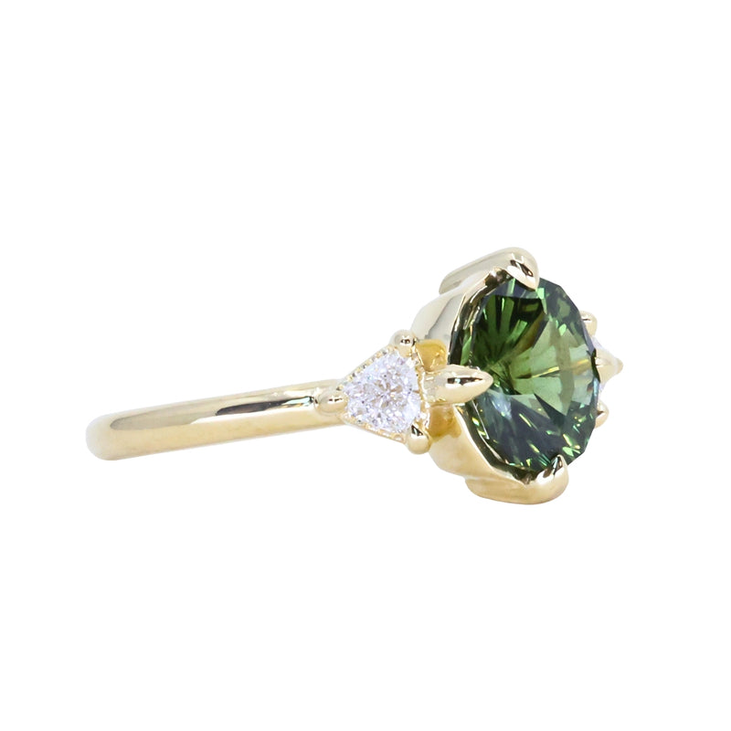 1.70ct Green Kenyan Fantasy Cut Sapphire and Diamond Antique Milgrain Three Stone Low Profile Ring in 18k Yellow Gold