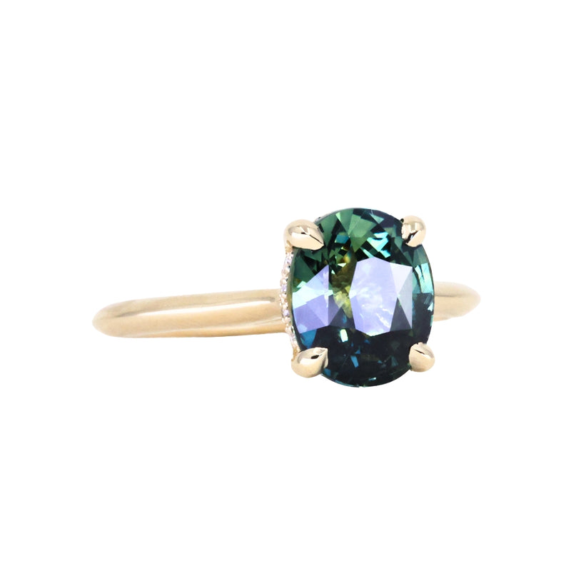 3.01ct Oval Unheated Madagascar Sapphire Hidden Halo Cathedral Solitaire in 14k Yellow Gold