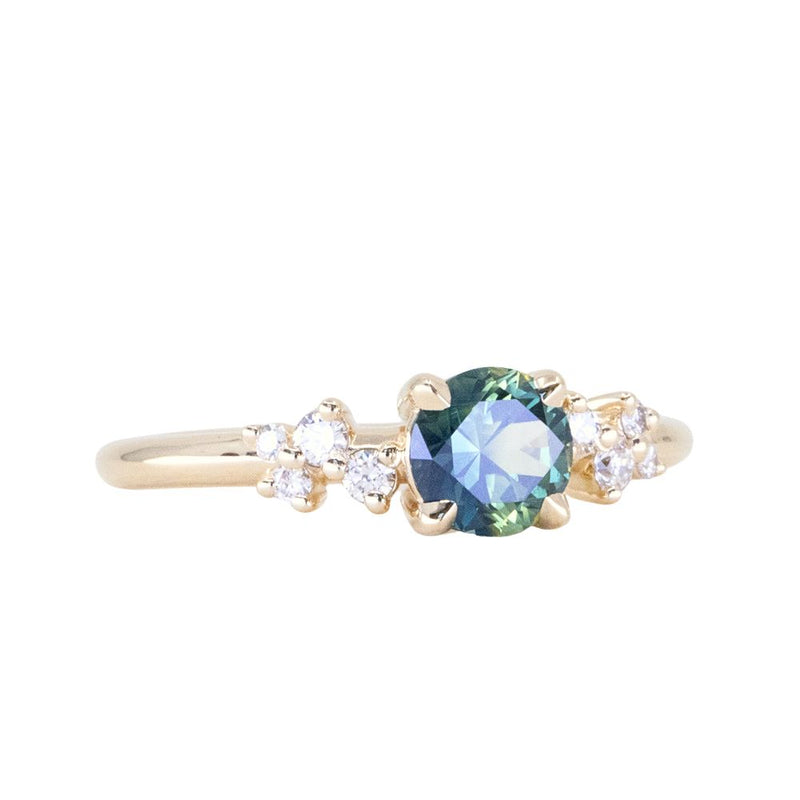 0.81ct Round Australian Green Parti Sapphire and Diamond Starry Night Low Profile Solitaire in 14k Yellow Gold