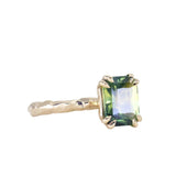 3.01ct Madagascar Parti Radiant Cut Sapphire Double Prong Evergreen Carved Stackable Solitaire in 14k Yellow Gold