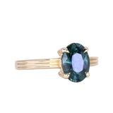 2.58ct Untreated Teal Oval Madagascar Sapphire Low Profile Tri-Band "Three Winds" 4 Prong Solitaire in 14k Yellow Gold