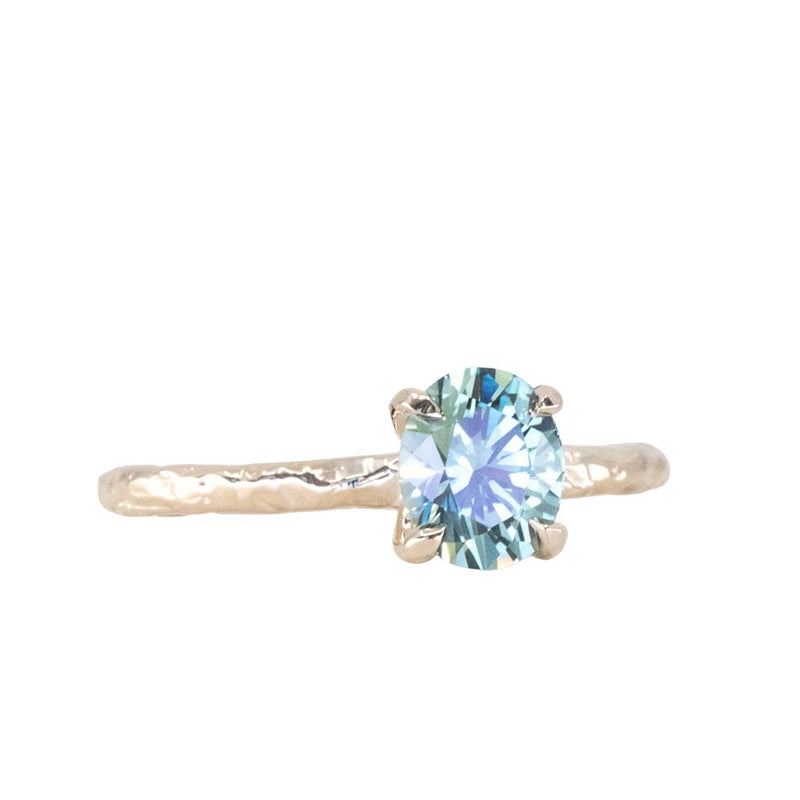 1.30ct Oval Light Teal Blue Precision Cut Montana Sapphire Evergreen Carved 4 Prong Solitaire in 14k Yellow Gold