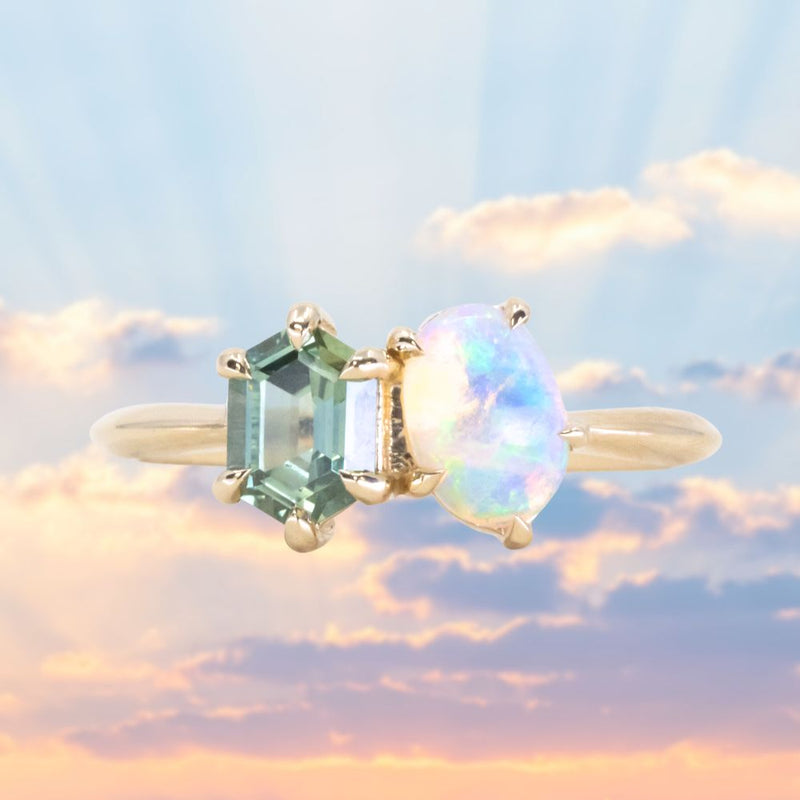 Toi Et Moi 0.74ct Hexagon Sapphire and Opal Ring in 14k Yellow gold