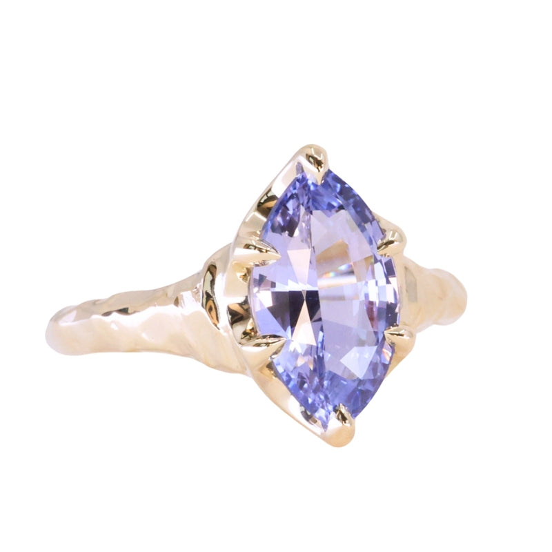 3.16ct Unheated Purple Madagascar Marquise Sapphire Evergreen Carved Low Profile 6 Prong Solitaire in 14k Yellow Gold