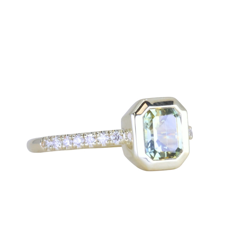 1.14ct Emerald Cut Parti Montana Sapphire Low Profile Bezel Solitaire Ring with Pavé Set Diamonds in 14k Green Gold