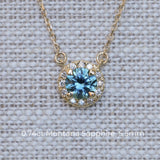 Dainty 14k Yellow Gold Montana Sapphire and Diamond Halo Necklaces