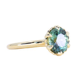 1.93ct Oval Silky Teal Montana Sapphire Scallop Cup Solitaire in 18k Yellow Gold