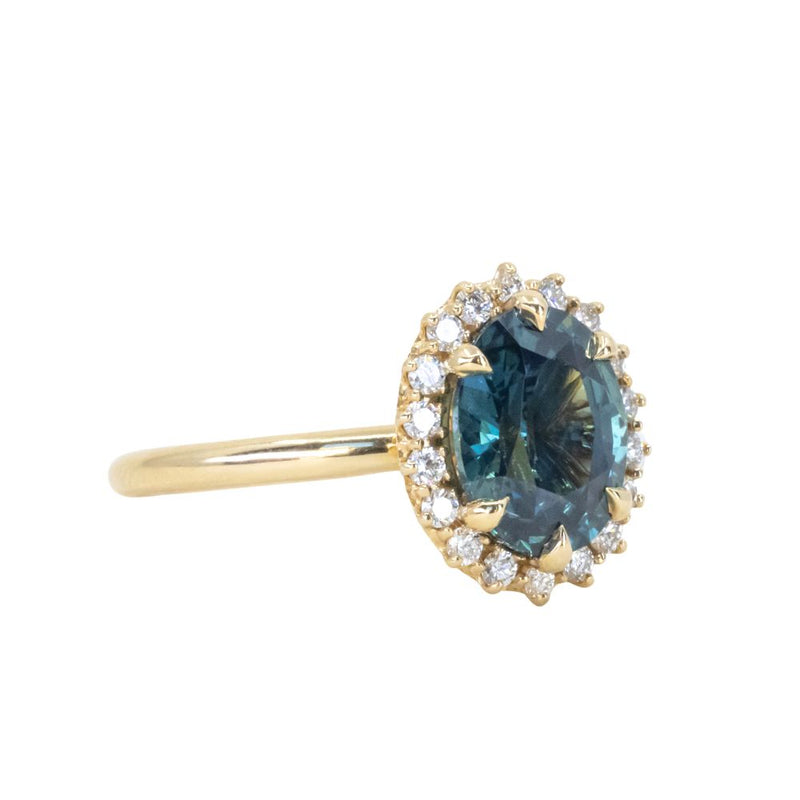 2.56ct Untreated Madagascar Oval Teal Sapphire Antique-Style Diamond Halo Ring in 18k Yellow Gold