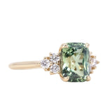 3.53ct Blue Green Untreated Radiant Cut Sapphire and Diamond Cluster Ring in 14k Yellow Gold