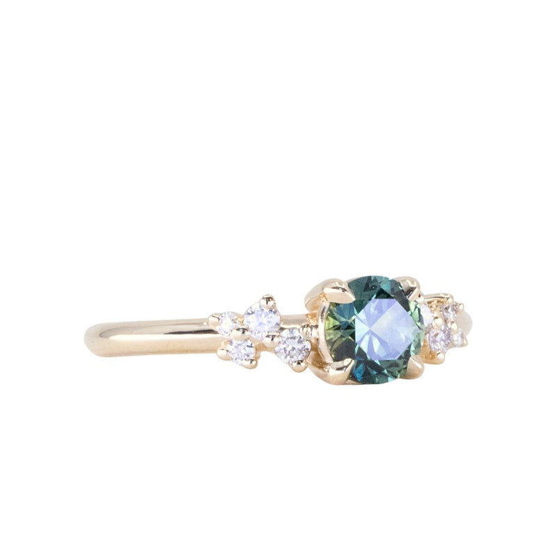 0.78ct Round Australian Green Parti Sapphire and Diamond Starry Night Low Profile Solitaire in 14k Yellow Gold