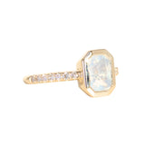 2.10ct Untreated Opalescent Radiant Cut Sapphire Low Profile Bezel Solitaire Ring with Pavé Set Diamonds in 14k Yellow Gold