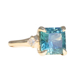 5.53ct Radant Cut Untreated Montana Sapphire and Princess Cut Diamond Rapids Low Profile Ring in 14k Yellow Gold