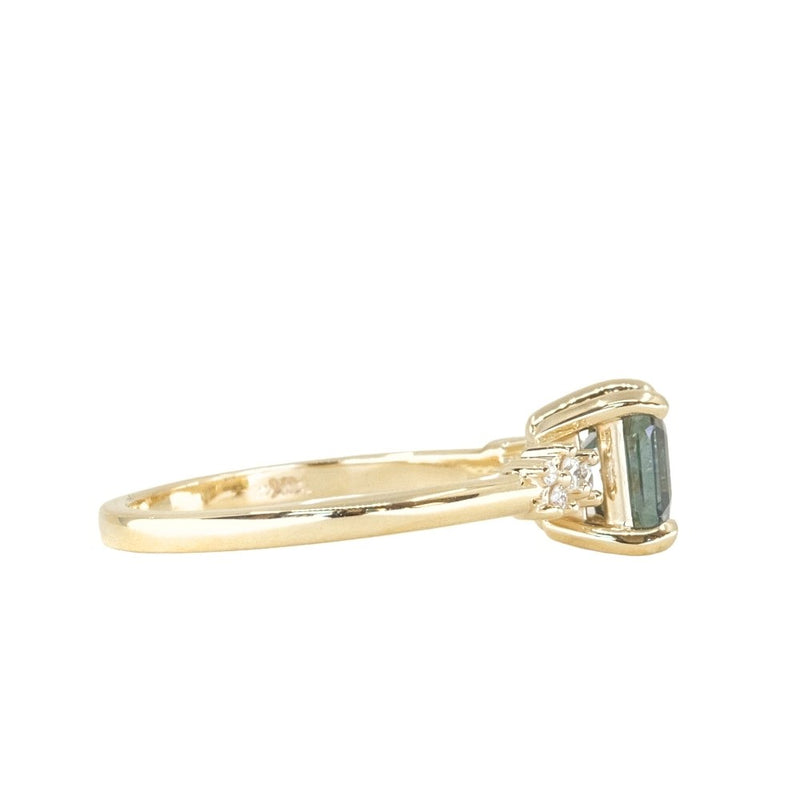1.60ct Asscher Blue Green Madagascar Sapphire and Diamond Starry Night Low Profile Solitaire in 14k Yellow Gold