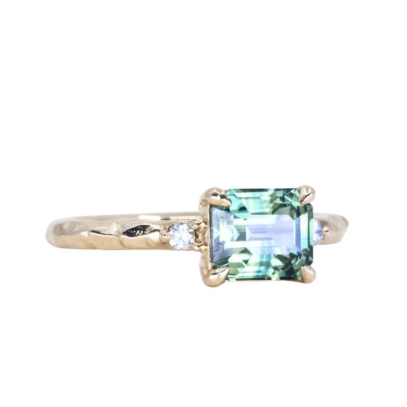 1.64ct Parti Madagascar Emerald Cut Sapphire and Diamond Low Profile Evergreen East-West Ring in 14k Yellow Gold