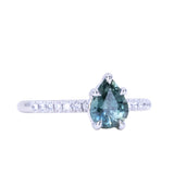 1.30ct Teal Blue Pear Sapphire and French Set Diamond Solitaire in 14K White Gold