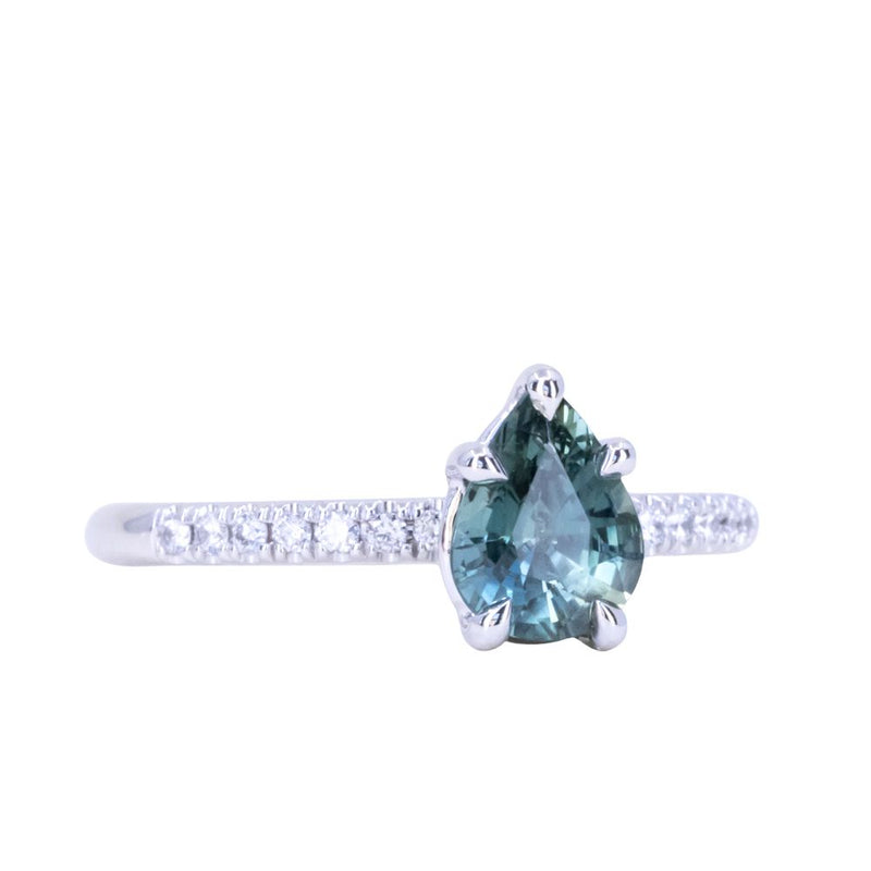 1.30ct Teal Blue Pear Sapphire and French Set Diamond Solitaire in 14K White Gold