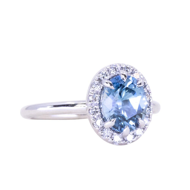 1.93ct Oval Blue Parti Sapphire Six Prong Halo Stackable Ring in 14k White Gold