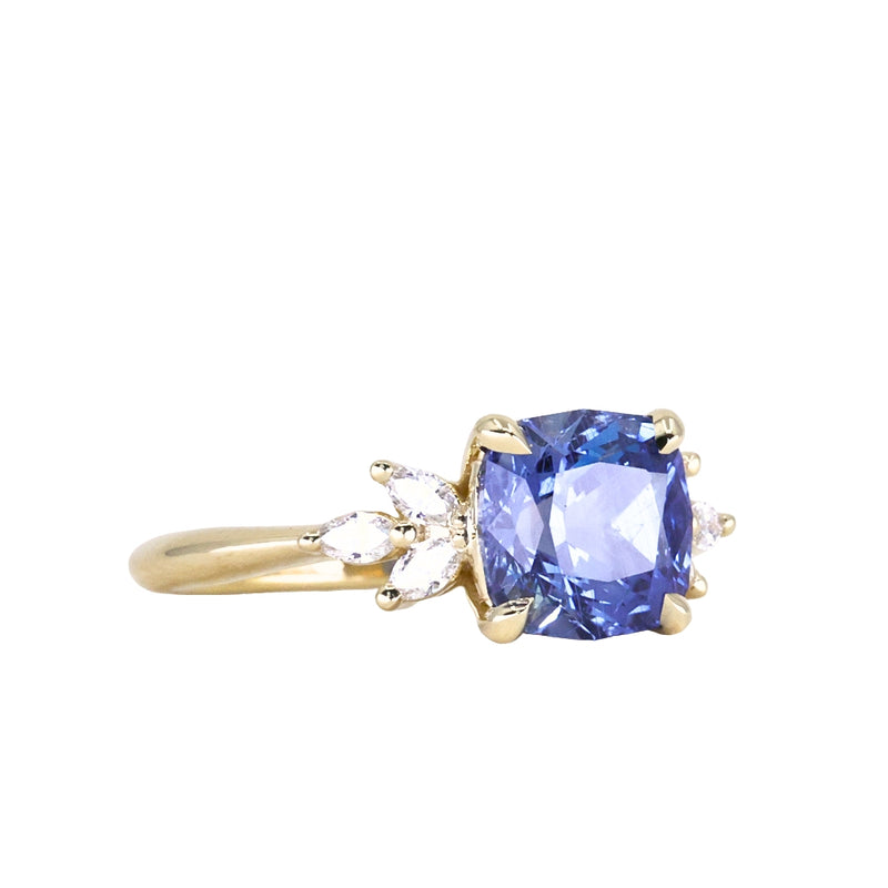 2.73ct Cushion Cut Moyo Sapphire and Marquise Diamond Cluster Ring in 18k Yellow Gold