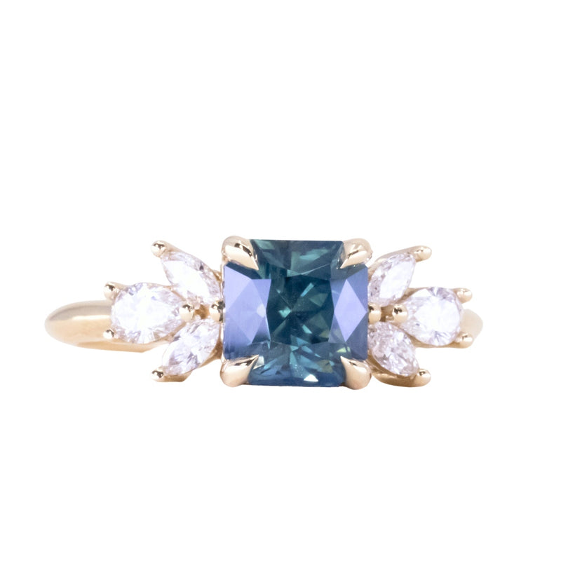 2.03ct Silky Medium Teal Radiant Cut Sapphire and Marquise Diamond Cluster Ring in 14k Yellow Gold