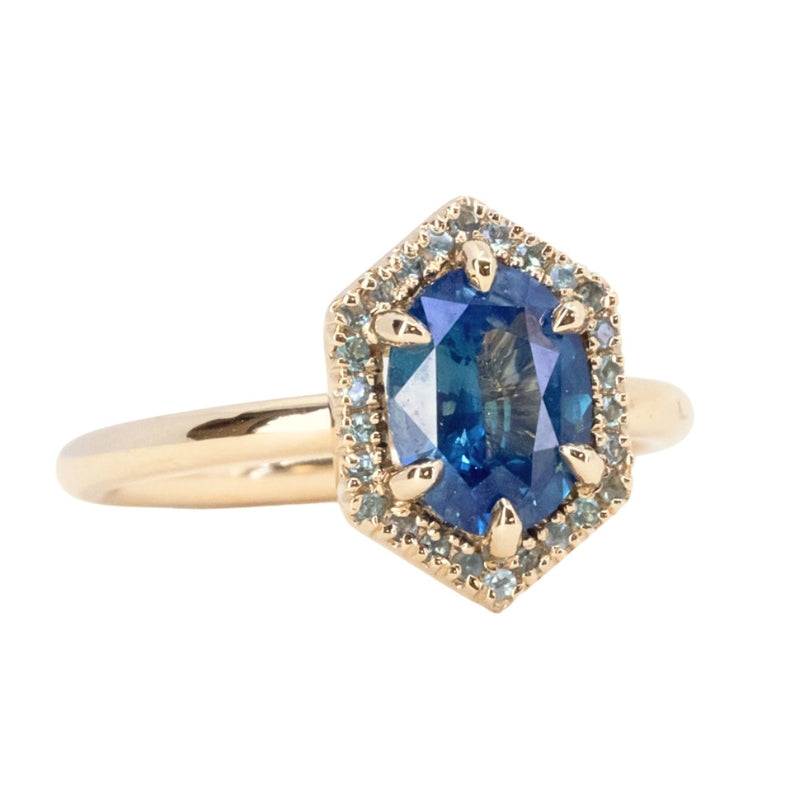 1.57ct Oval Teal Parti Sapphire and Alexandrite Hexagon Stackable Halo in 14k Yellow Gold