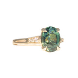 3.22ct Teal Oval Madagascar Sapphire and Diamond Vintage Cathedral Four Prong Ring in 14k Yellow Gold