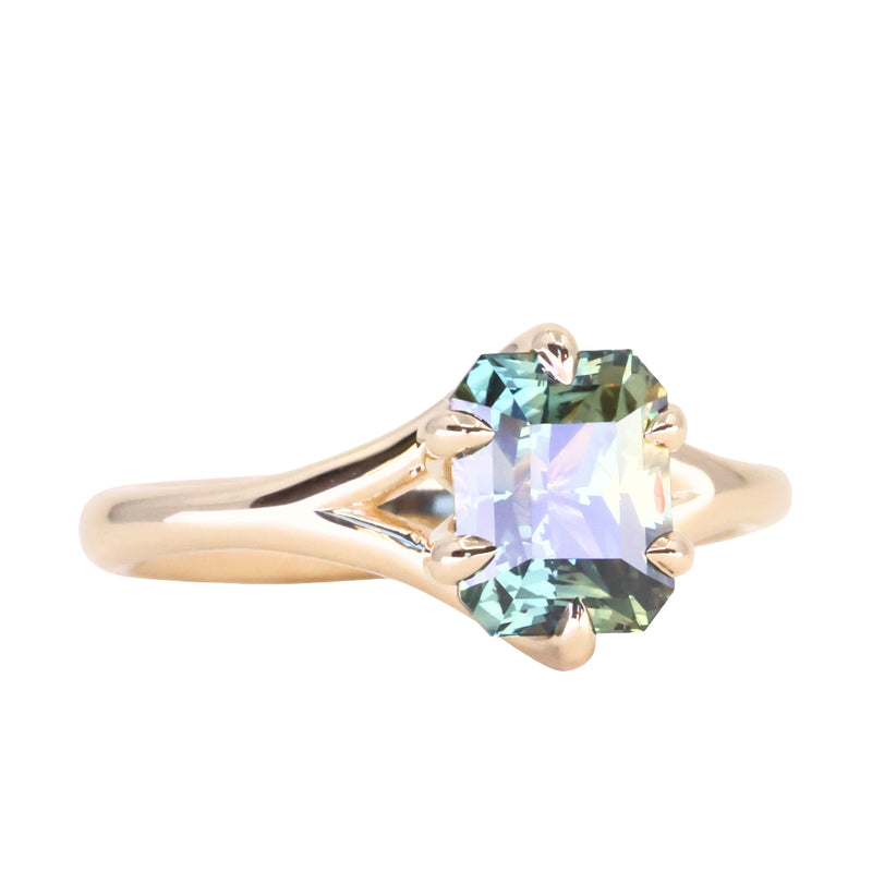 2.07ct Radiant Cut Untreated Tanzanian Sapphire Low Profile Six Prong Split Shank Solitaire in 14k Yellow Gold