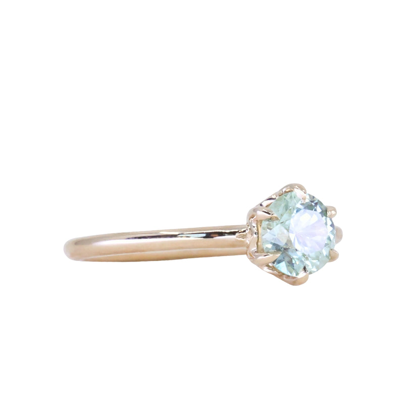 0.97ct Untreated Round Precision Cut Aqua Montana Sapphire Lotus Solitaire in 14k Yellow Gold