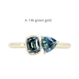 Low Profile Cushion and Trillion Sapphire Toi Et Moi Rings in 14k Green, Yellow and White Gold