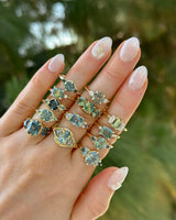 2.07ct Untreated Glowy Teal Madagascar Pear Sapphire and Trillion Grey Diamonds Low Profile Three Stone Ring in 18k Yellow Gold