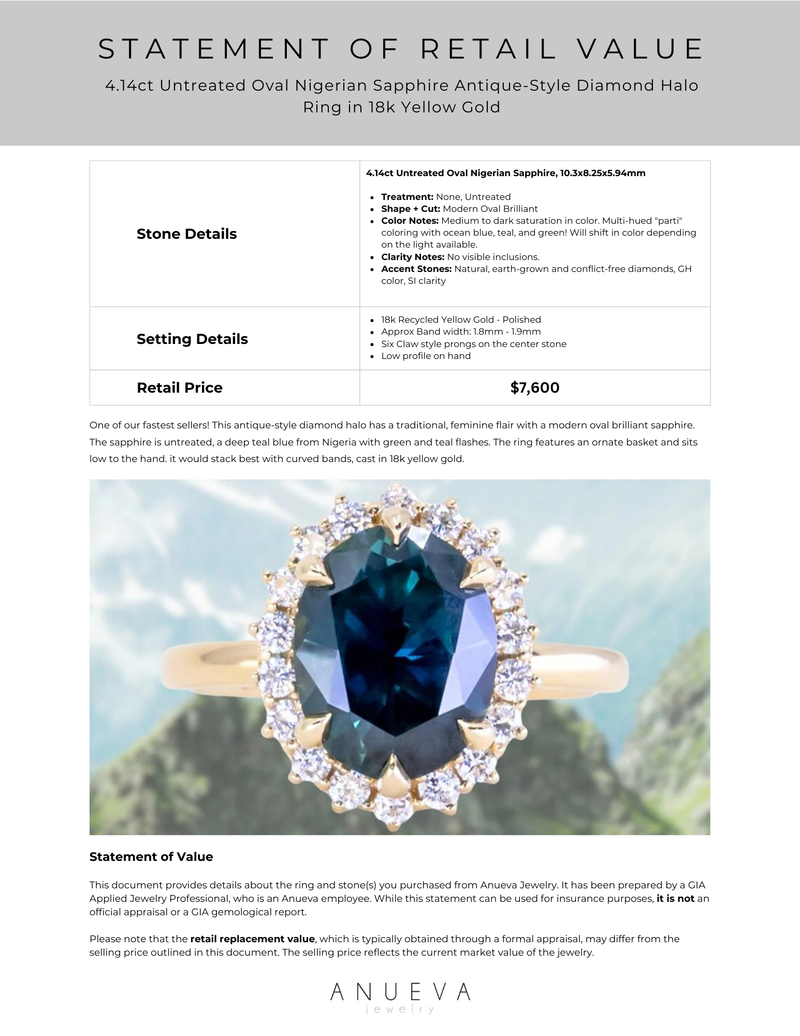 4.14ct Untreated Oval Nigerian Sapphire Antique-Style Diamond Halo Ring in 18k Yellow Gold