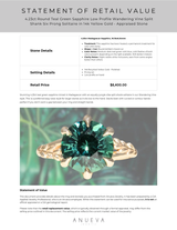 4.23ct Round Teal Green Sapphire Low Profile Wandering Vine Split Shank Six Prong Solitaire in 14k Yellow Gold - Appraised Stone