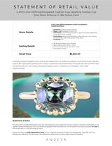 4.47ct Color Shifting Elongated Cushion Cup Sapphire Scallop Cup East-West Solitaire in 18k Yellow Gold