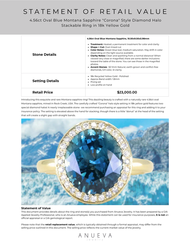 4.56ct Oval Blue Montana Sapphire "Corona" Style Diamond Halo Stackable Ring in 18k Yellow Gold